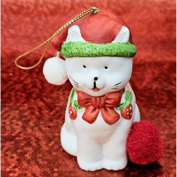 Cat Porcelain Bell Ornament Christmas Ring-A-Lings BOA 1988 Hat Scarf Fluff Tail - Picture 1 of 11